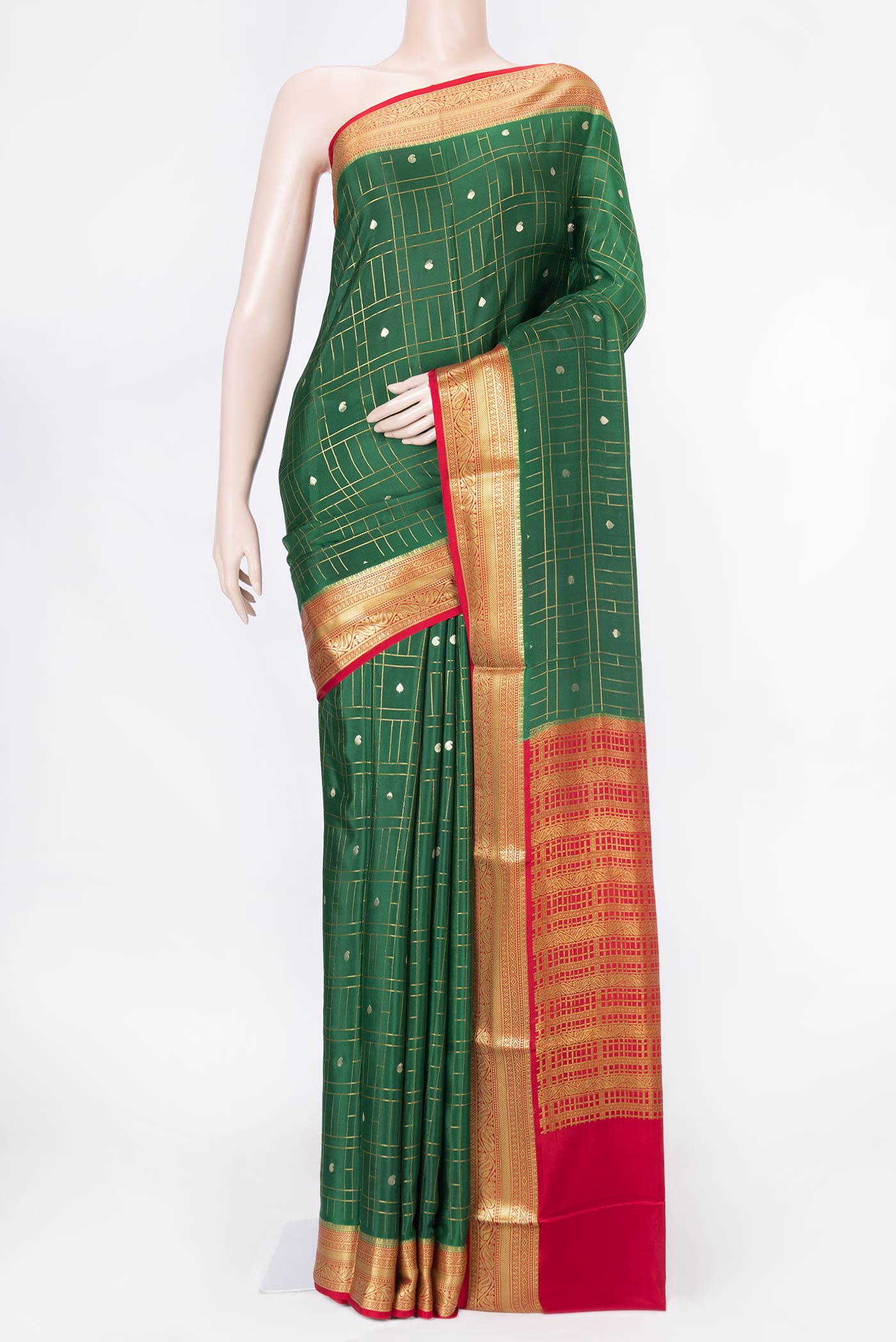 Green Dual Tone Mysore Crepe Saree with Checked design on the body and Zari Border displayed on a mannequin
