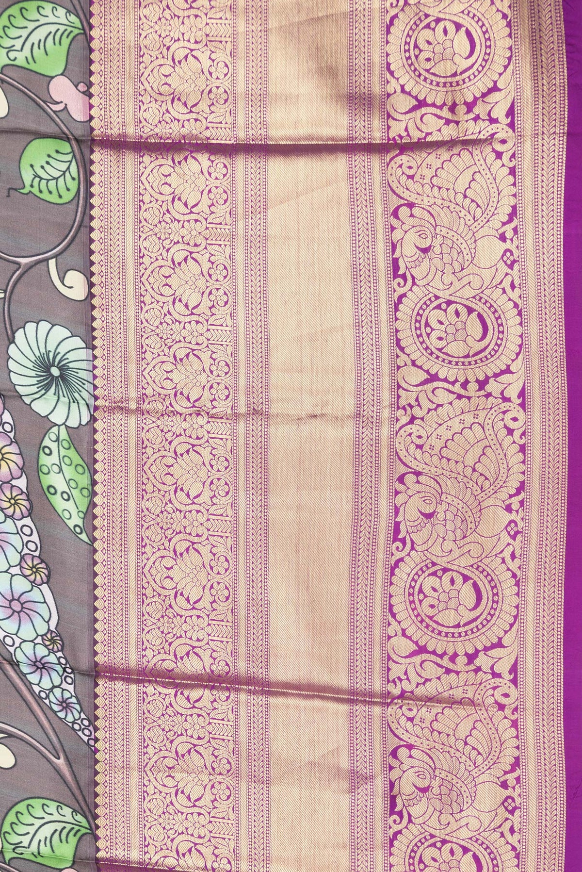 Border image of Grey Dual Tone Kanjivaram Silk Saree with kalamkari Print on the body and Zari Border. 