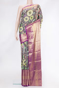 Grey Dual Tone Kanjivaram Silk Saree with kalamkari Print on the body and Zari Border.  displayed on a mannequin