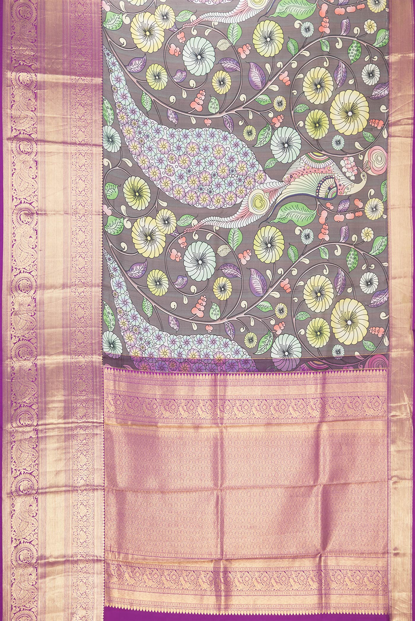 Flat view of Grey Dual Tone Kanjivaram Silk Saree with kalamkari Print on the body and Zari Border. 