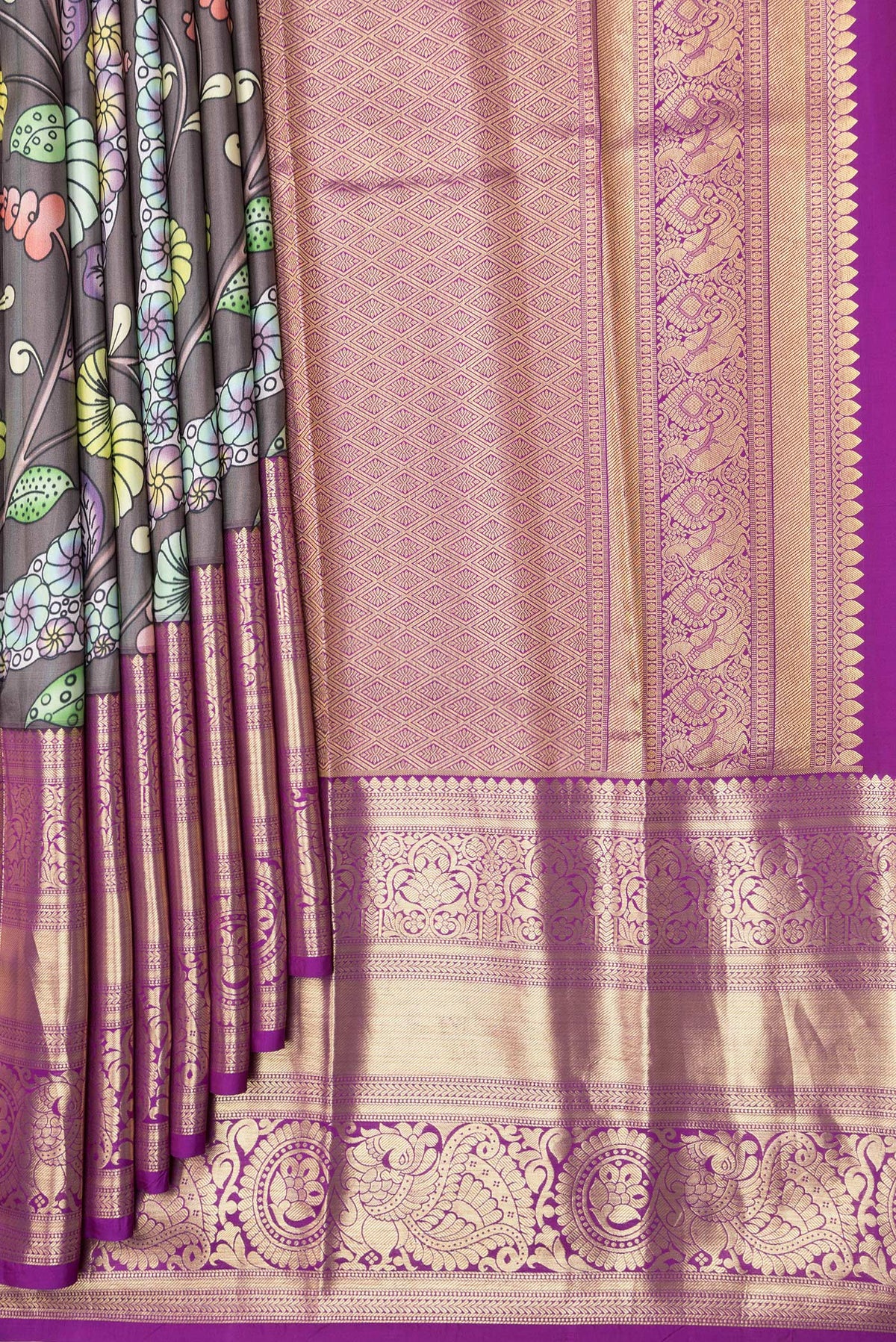 Pleats and pallu of Grey Dual Tone Kanjivaram Silk Saree with kalamkari Print on the body and Zari Border. 