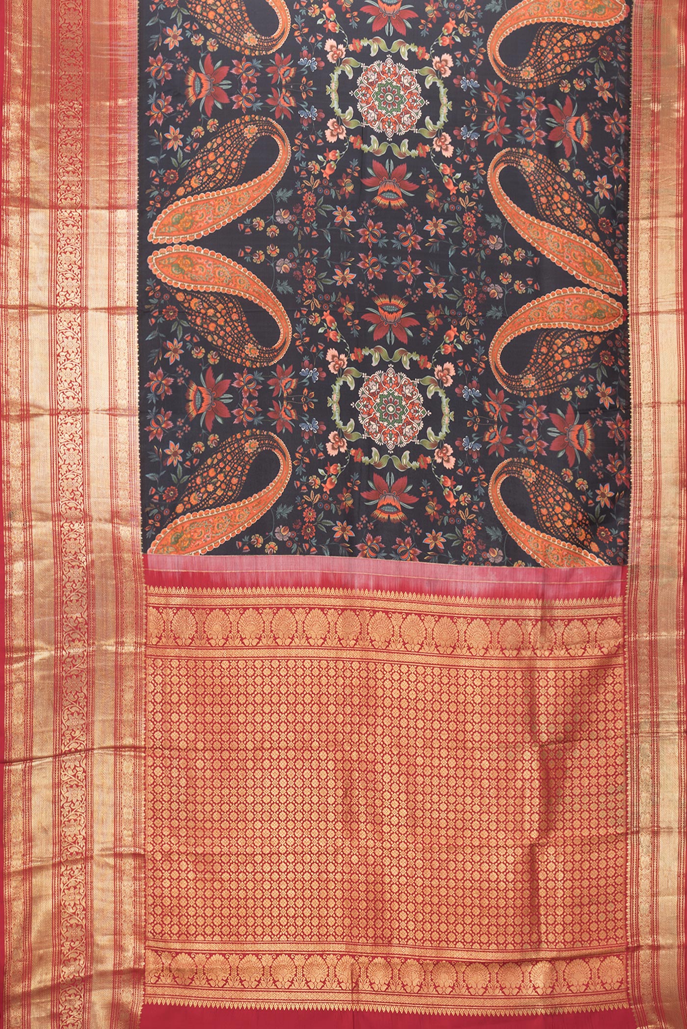 Flat view of Black Dual Tone Kanjivaram Silk Saree with Printed design on the body and Zari Border. 