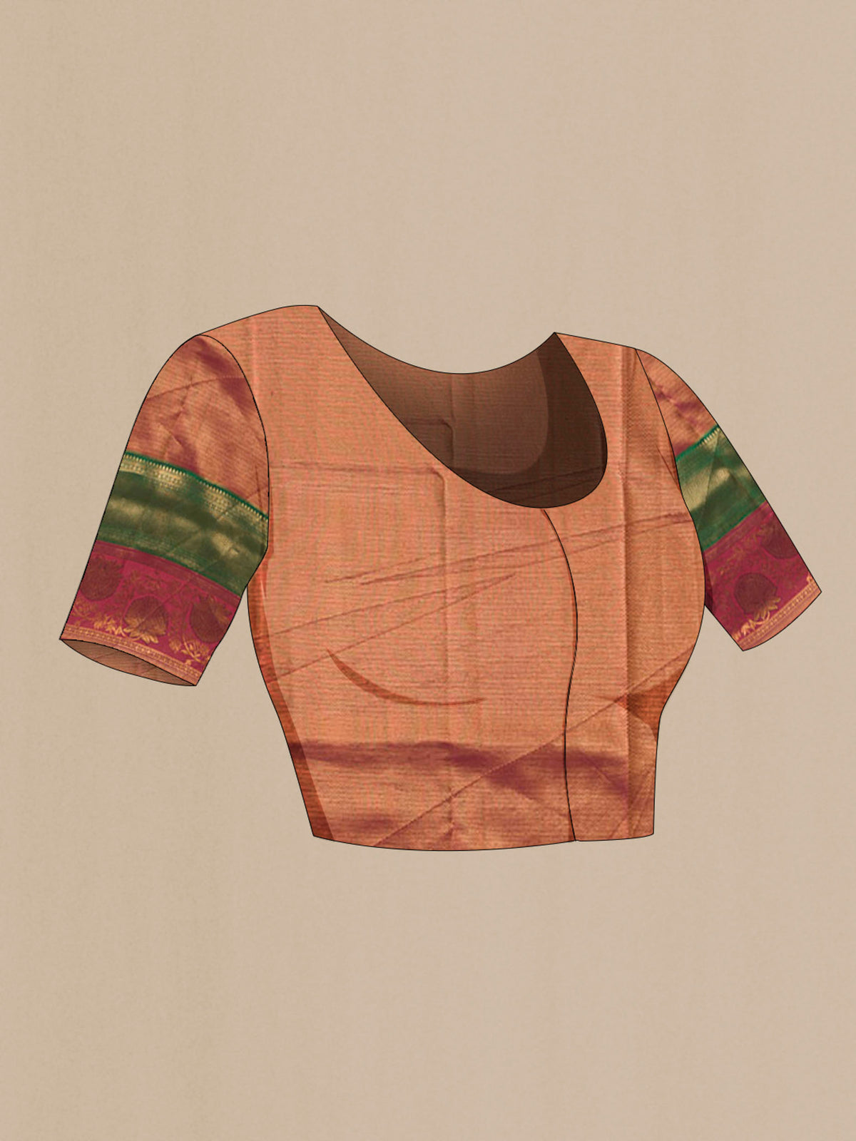 Close up image of the blouse of Multi Color Kanchipuram Silk Saree with Printed design on the body and Zari Border
