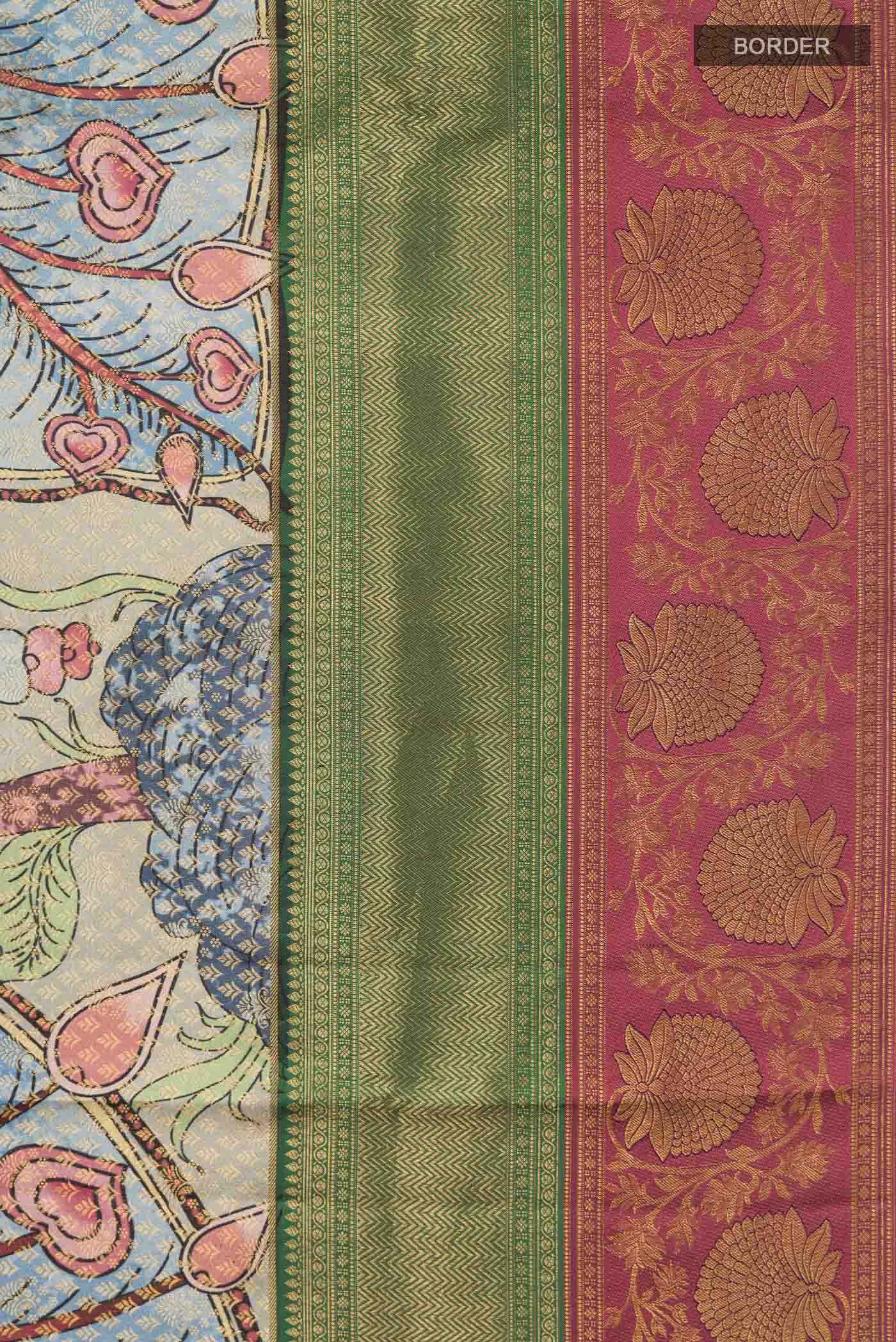 Border image of Multi Color Kanchipuram Silk Saree with Printed design on the body and Zari Border