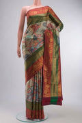 Multi Color Kanchipuram Silk Saree with Printed design on the body and Zari Border displayed on a mannequin