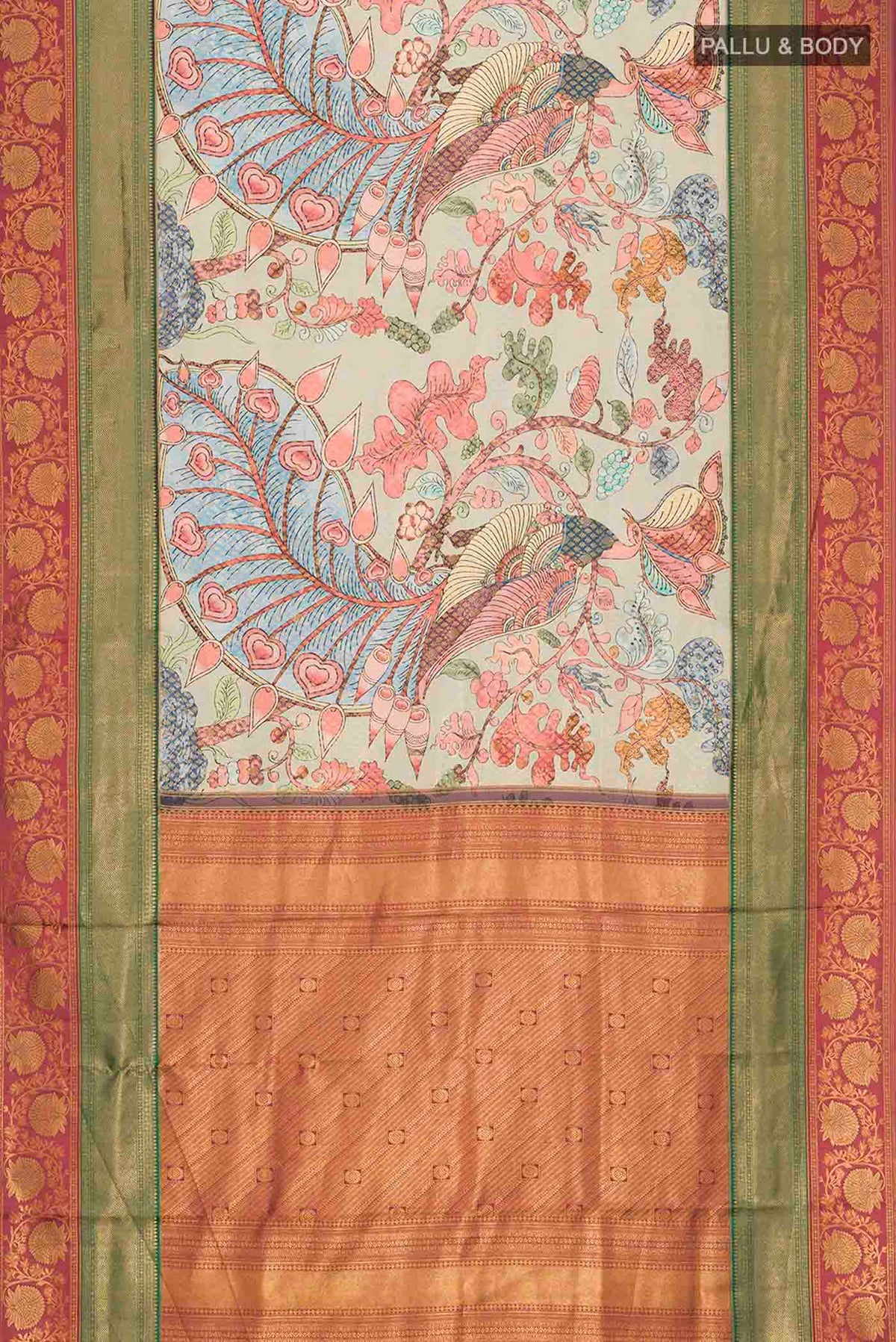 Flat view of Multi Color Kanchipuram Silk Saree with Printed design on the body and Zari Border