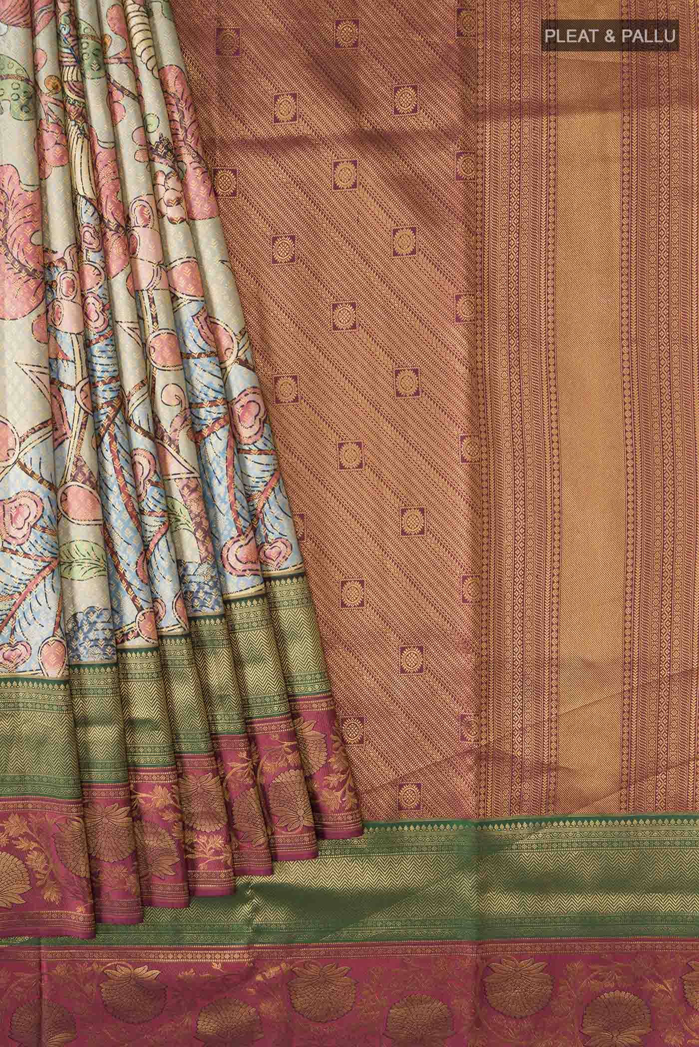 Pleats and pallu of Multi Color Kanchipuram Silk Saree with Printed design on the body and Zari Border