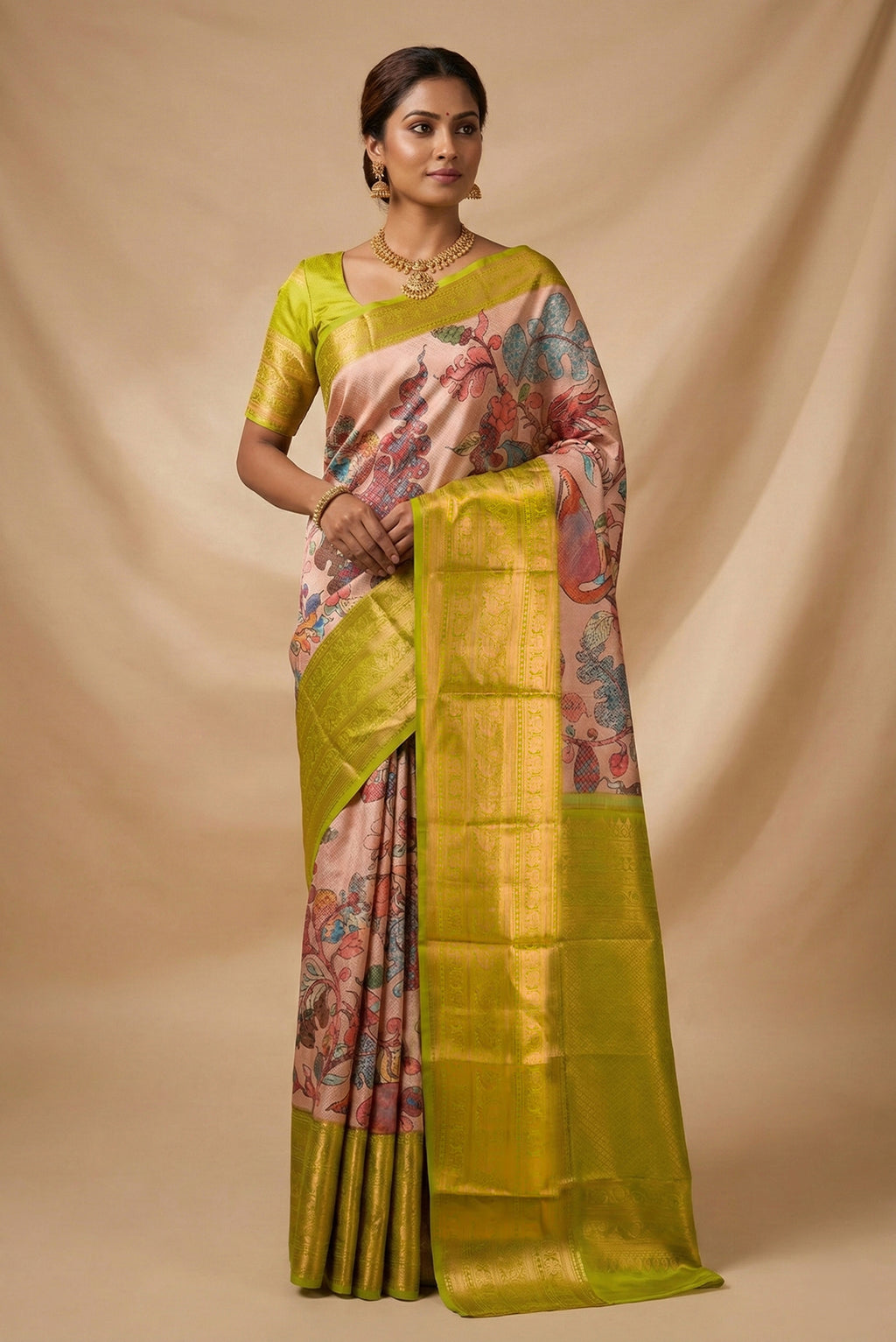 Model wearing a Rose Gold Dual Tone Kanchipuram Silk Saree with Printed design on the body and Zari Border.