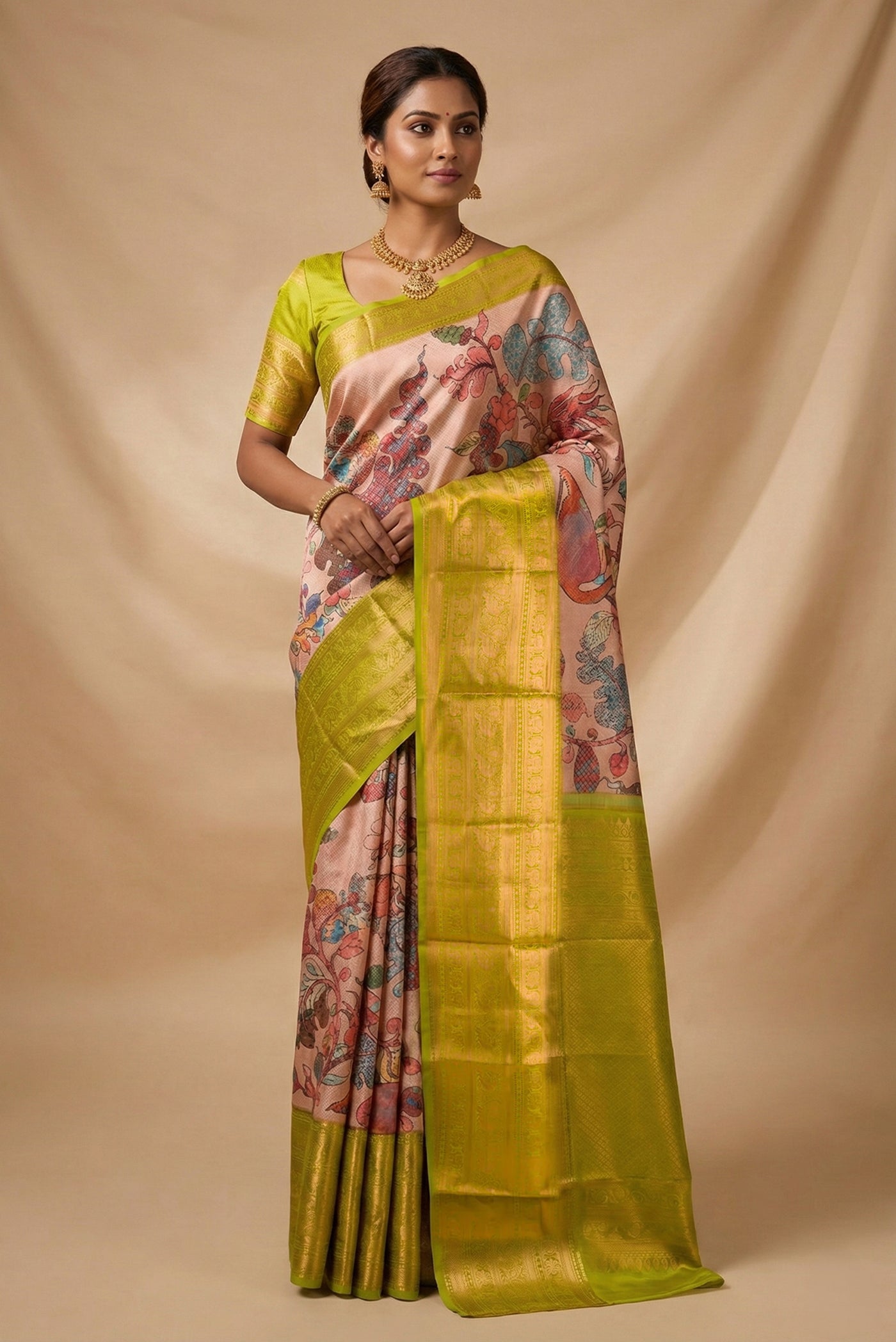 Model wearing a Rose Gold Dual Tone Kanchipuram Silk Saree with Printed design on the body and Zari Border.