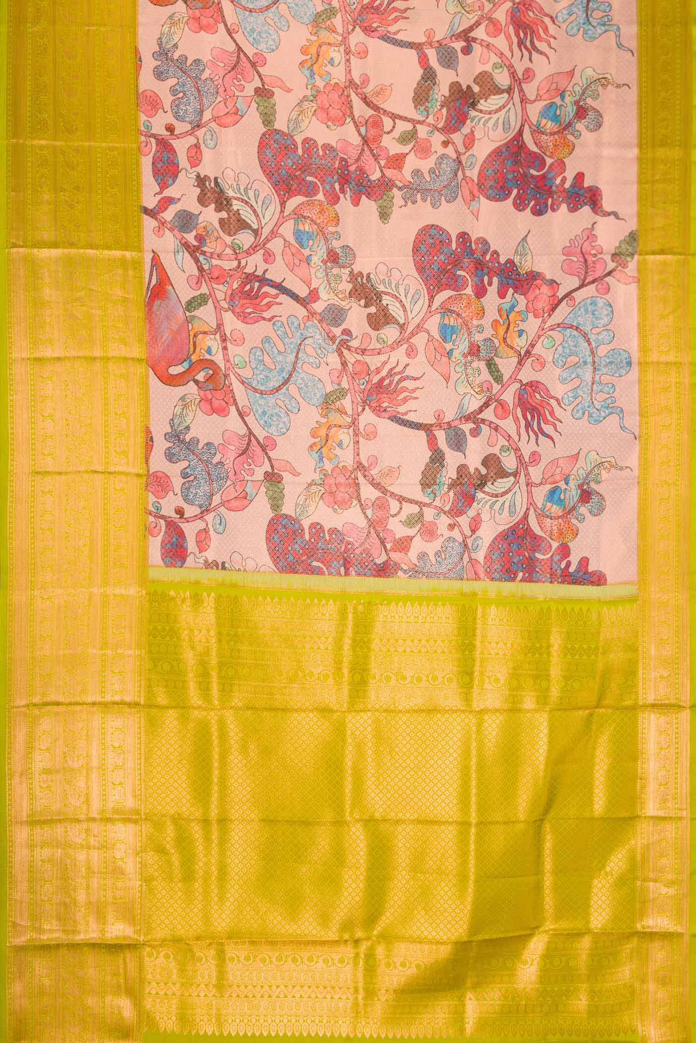 Flat view of Rose Gold Dual Tone Kanjivaram Silk Saree with Printed design on the body and Zari Border. 