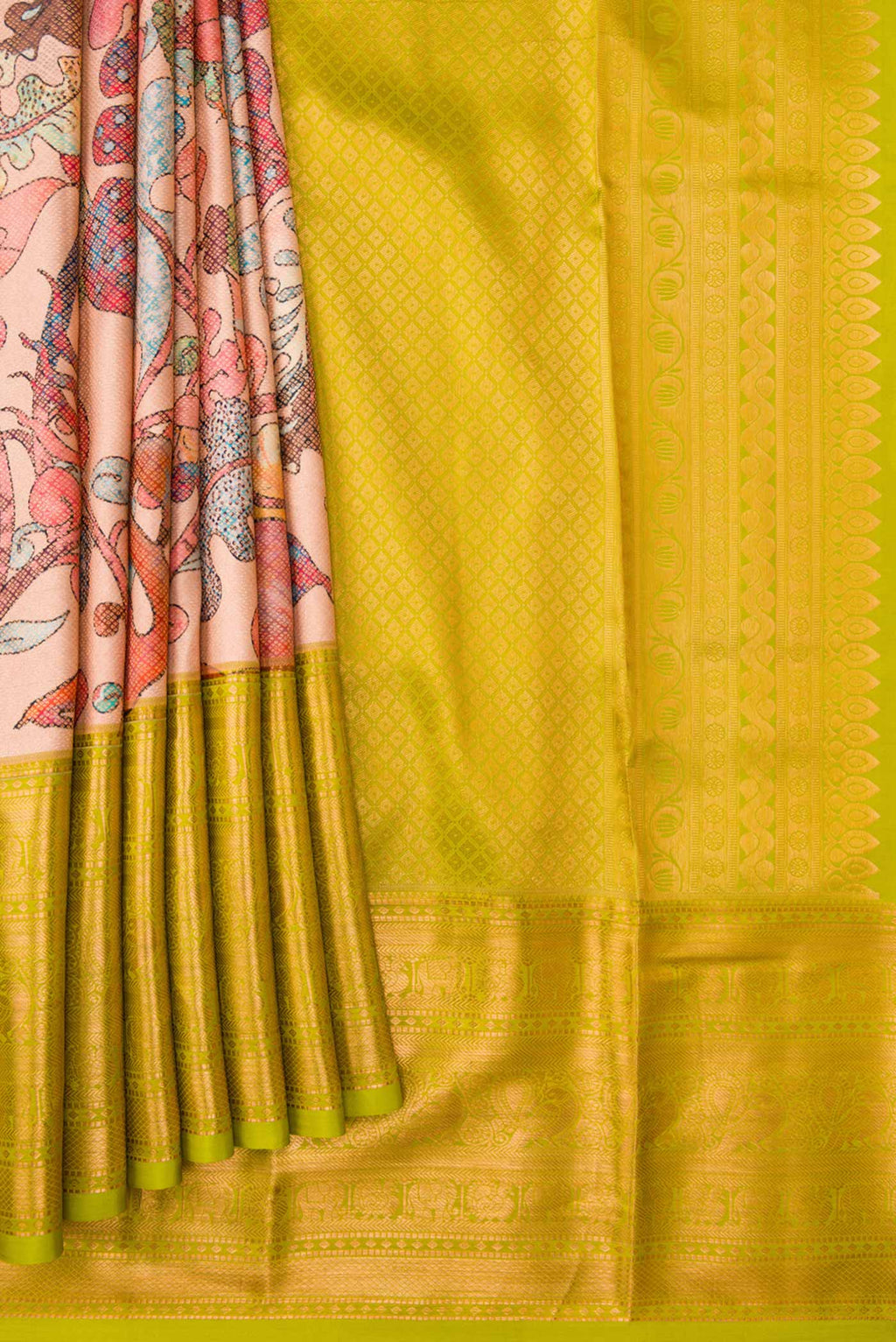Pleats and pallu of Rose Gold Dual Tone Kanjivaram Silk Saree with Printed design on the body and Zari Border. 