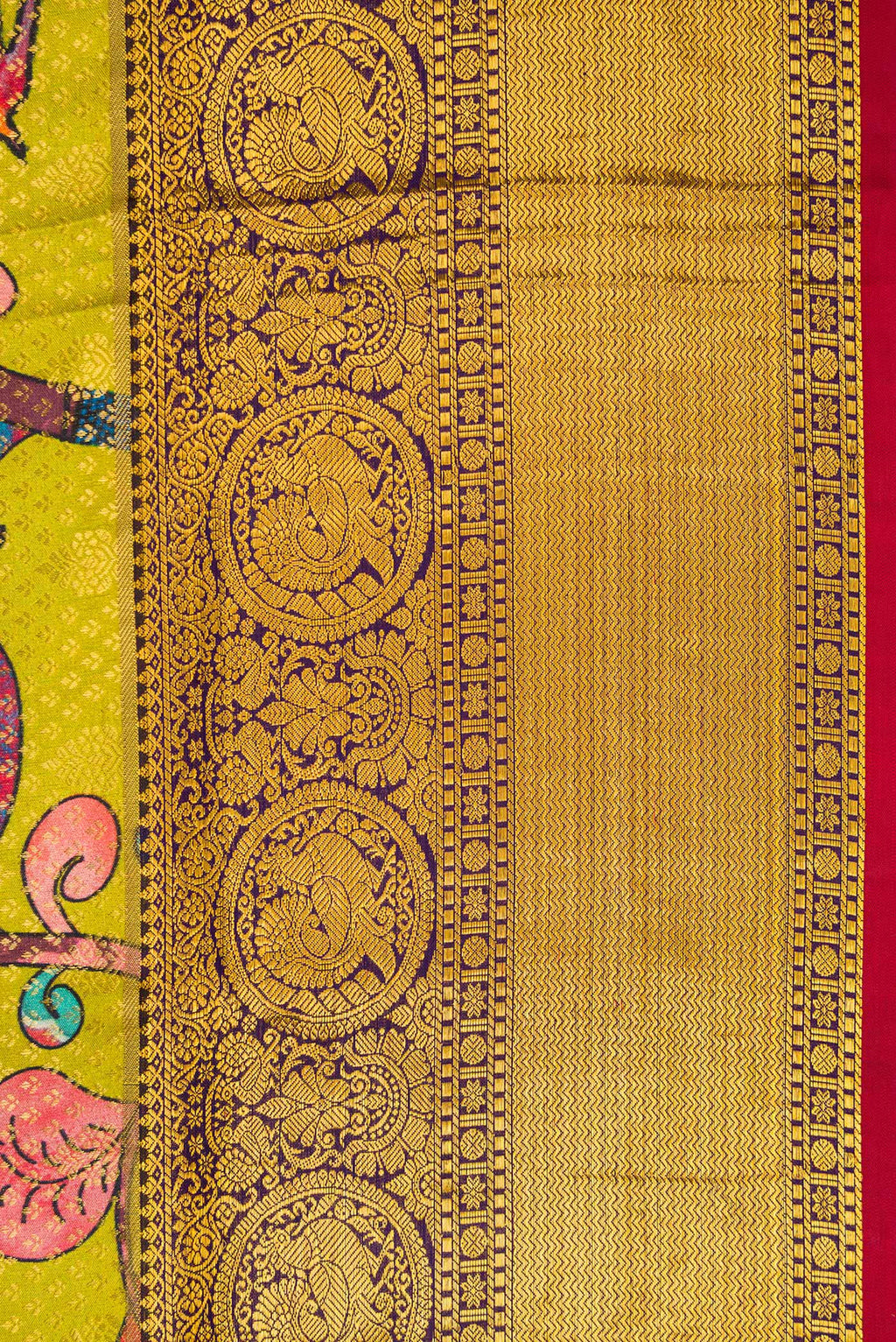 Border image of Green Kanjivaram Silk Saree with Printed design on the body and Zari Border. 