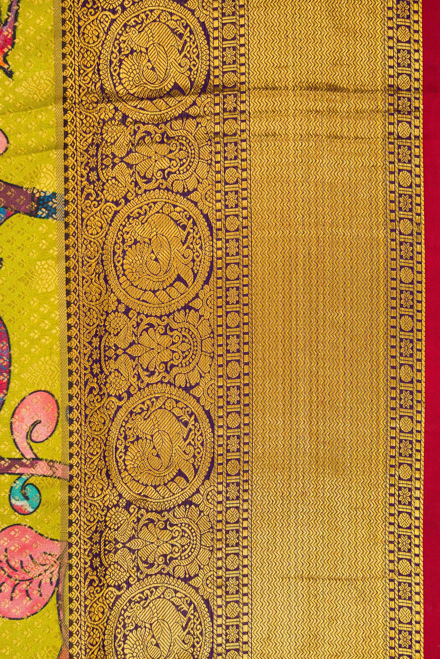 Border image of Green Kanjivaram Silk Saree with Printed design on the body and Zari Border. 