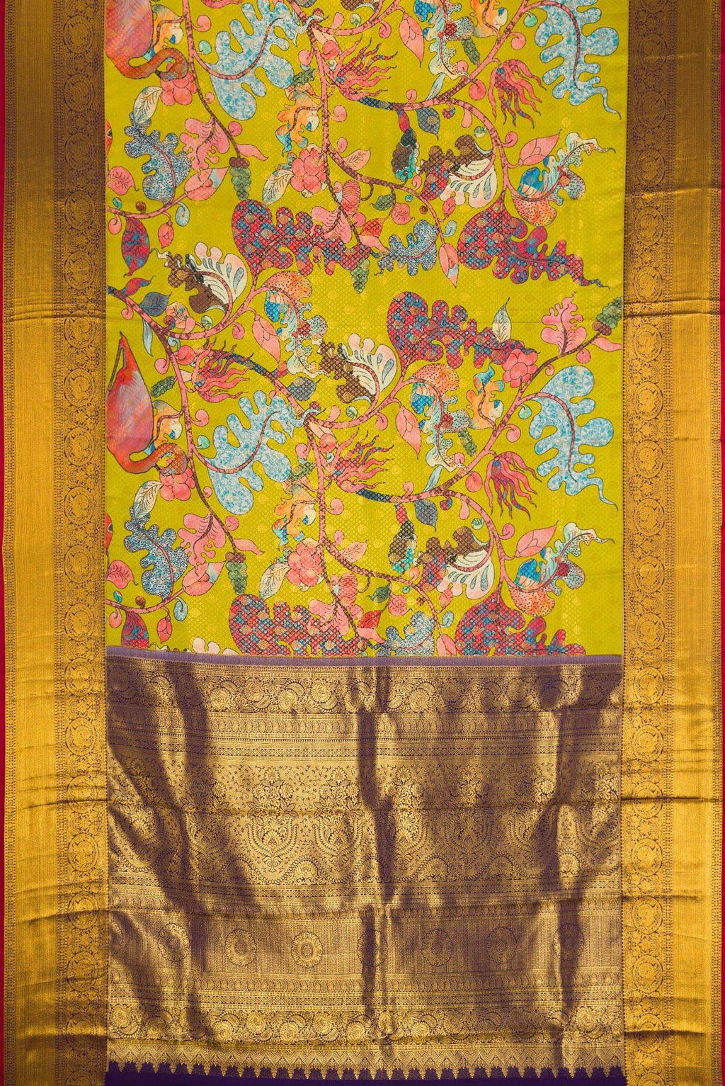 Flat view of Green Kanjivaram Silk Saree with Printed design on the body and Zari Border. 