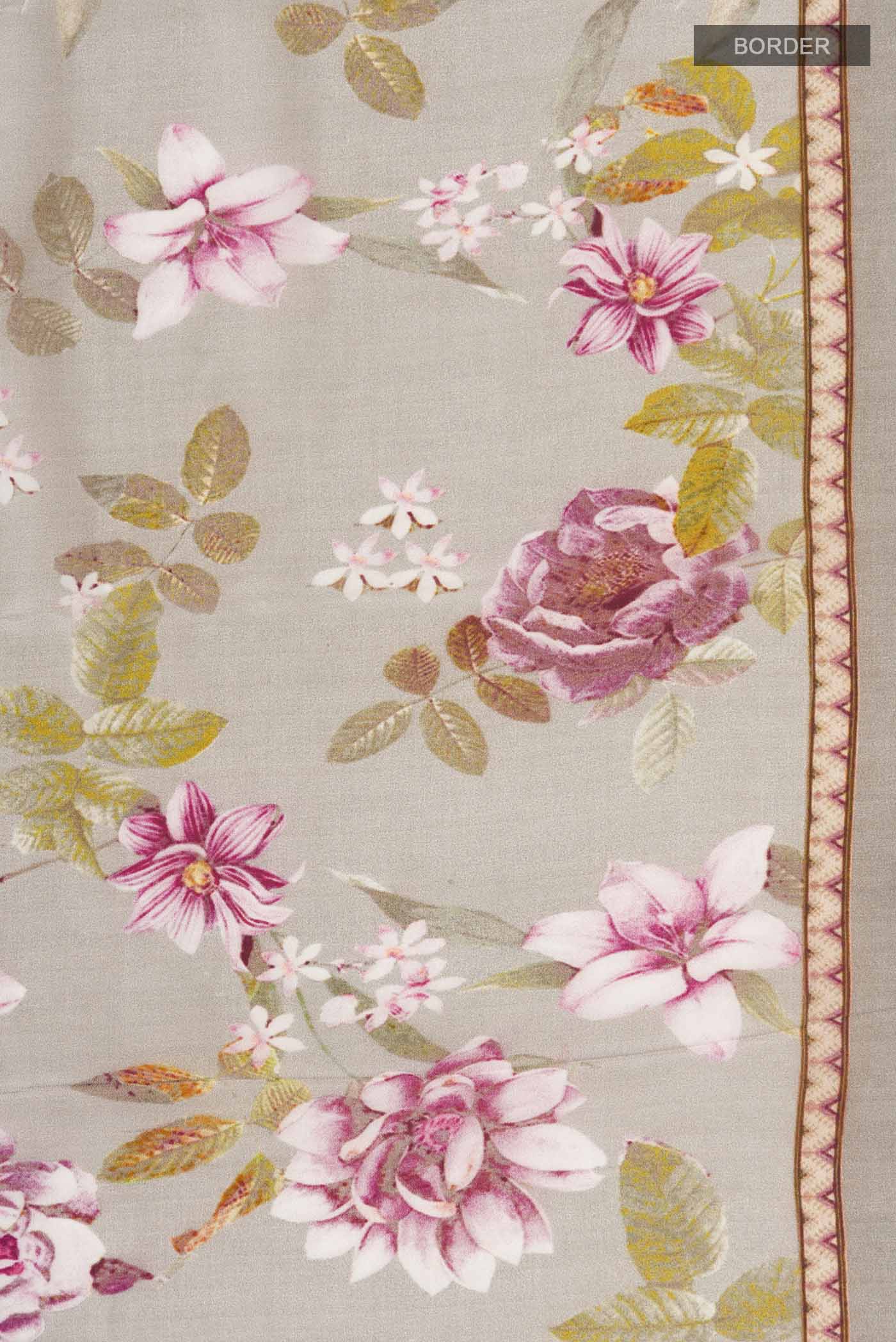 Border image of Grey Mysore Crepe Saree with Floral Print on the body and Printed Border
