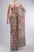 Grey Mysore Crepe Saree with Floral Print on the body and Printed Border displayed on a mannequin