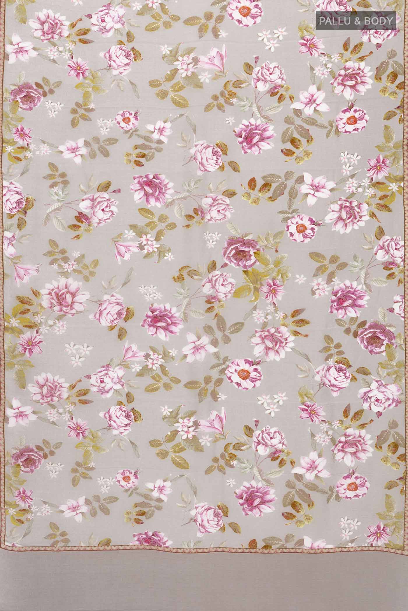 Flat view of Grey Mysore Crepe Saree with Floral Print on the body and Printed Border