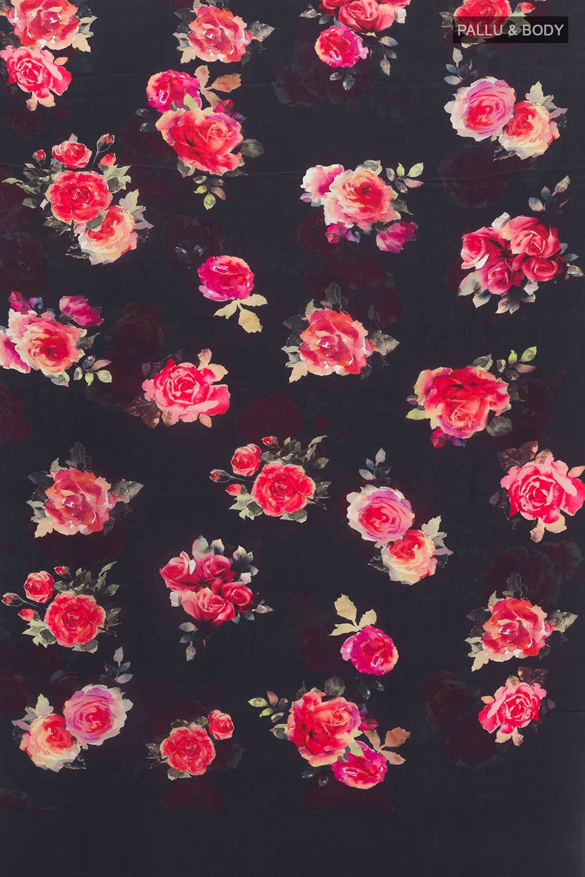 Flat view of Black Mysore Crepe Saree with Floral Print on the body and Without Border