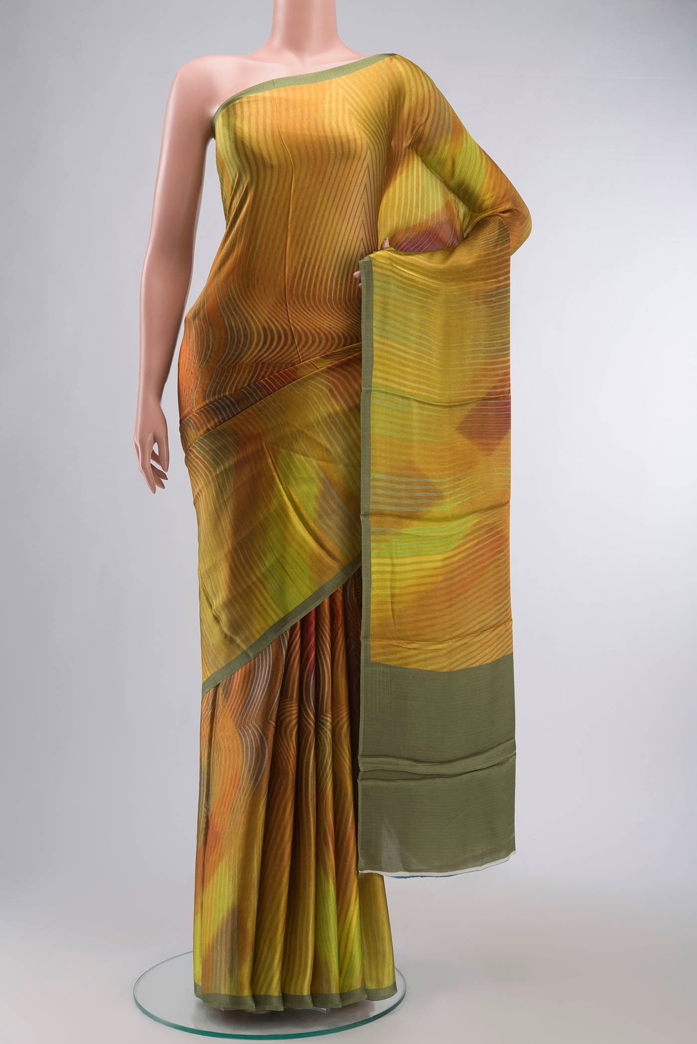 Multi Color Satin Silk Saree with Abstract Print on the body and Plain Border displayed on a mannequin