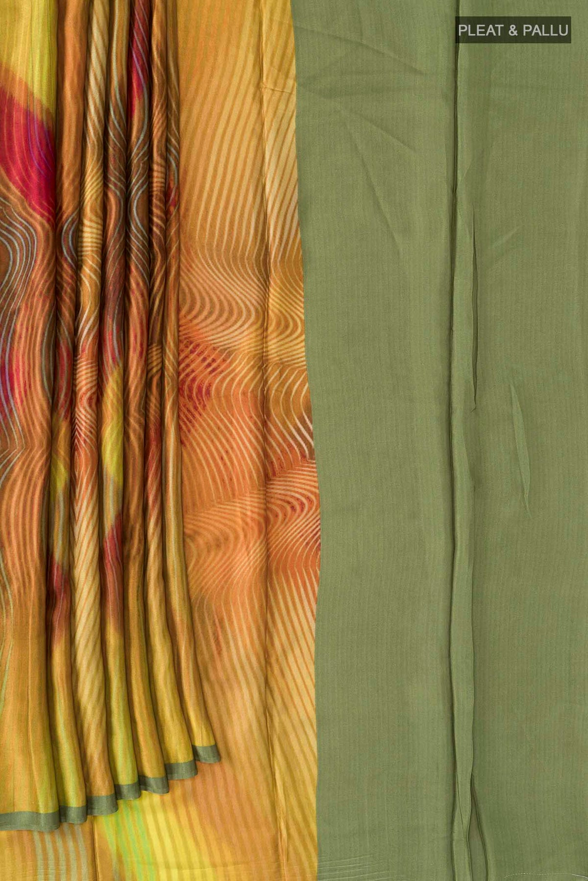 Pleats and pallu of Multi Color Satin Silk Saree with Abstract Print on the body and Plain Border