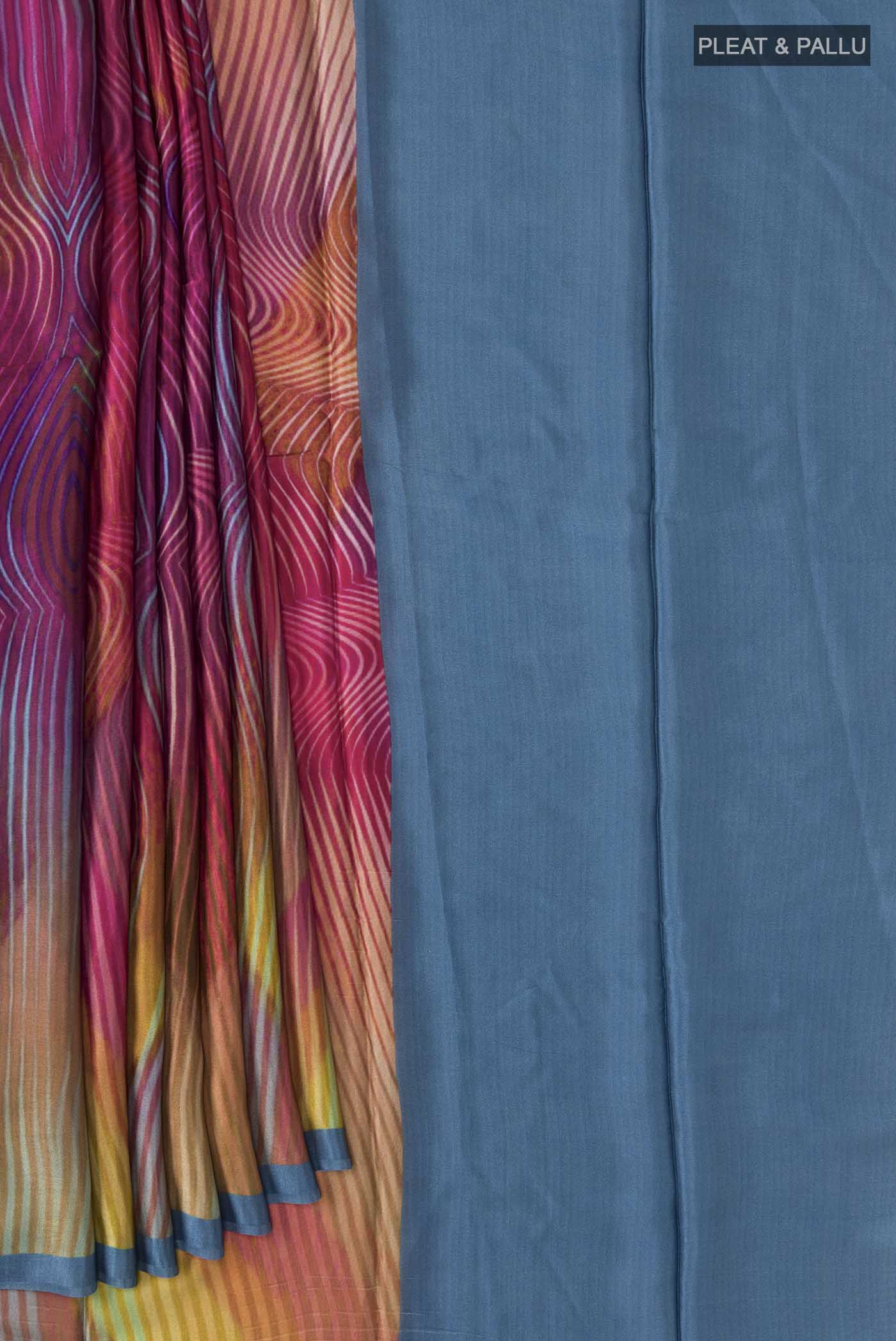 Pleats and pallu of Multi Color Satin Silk Saree with Abstract Print on the body and Plain Border