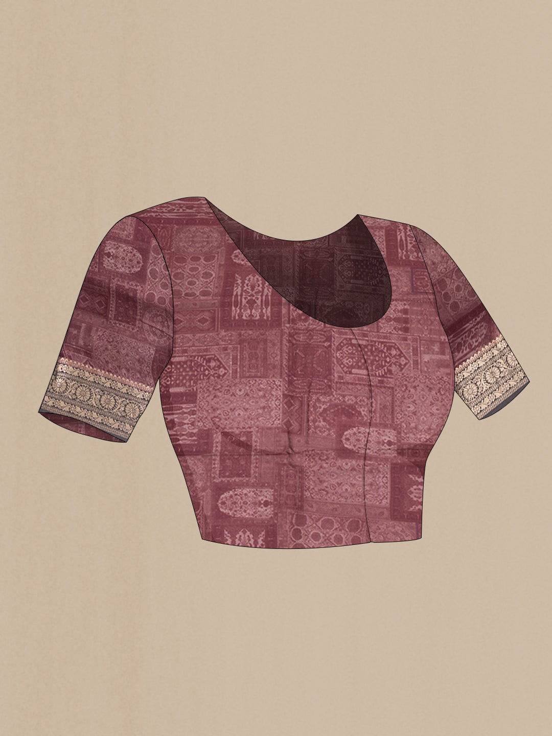 Close up image of the blouse of Maroon Dual Tone Kanchipuram Silk Saree with Printed design on the body and Zari Border. 
