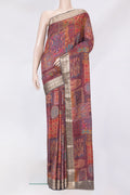 Maroon Dual Tone Kanchipuram Silk Saree with Printed design on the body and Zari Border.  displayed on a mannequin