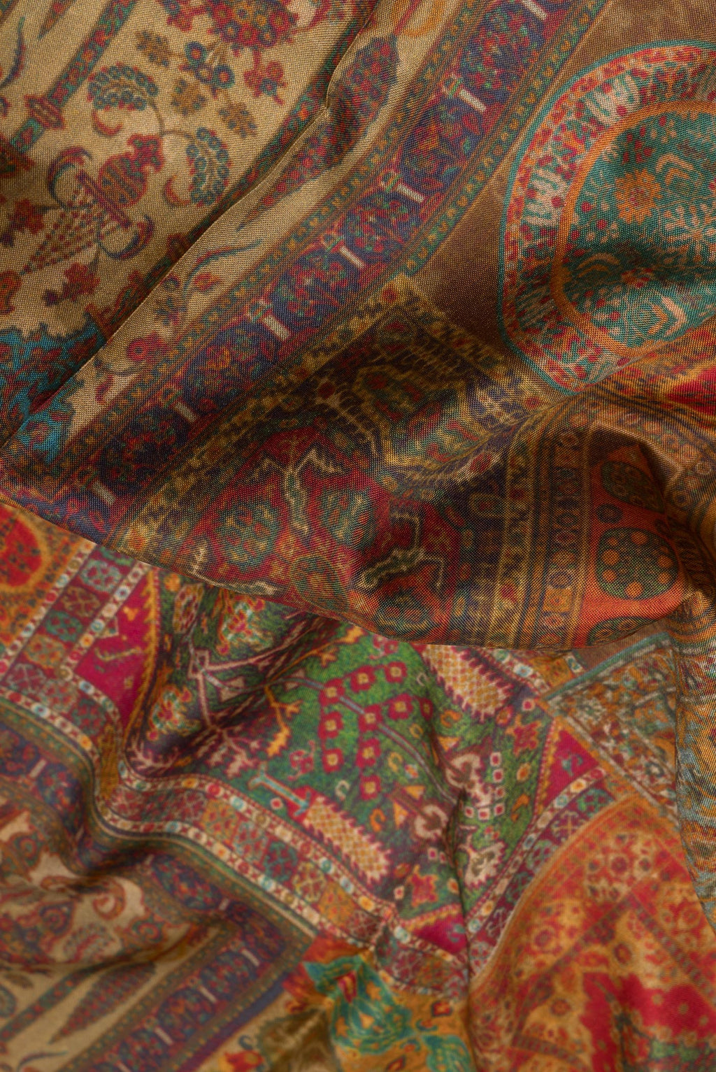 Close up of Mustard Dual Tone Kanchipuram Silk Saree with Printed design on the body and Zari Border.  displaying folds