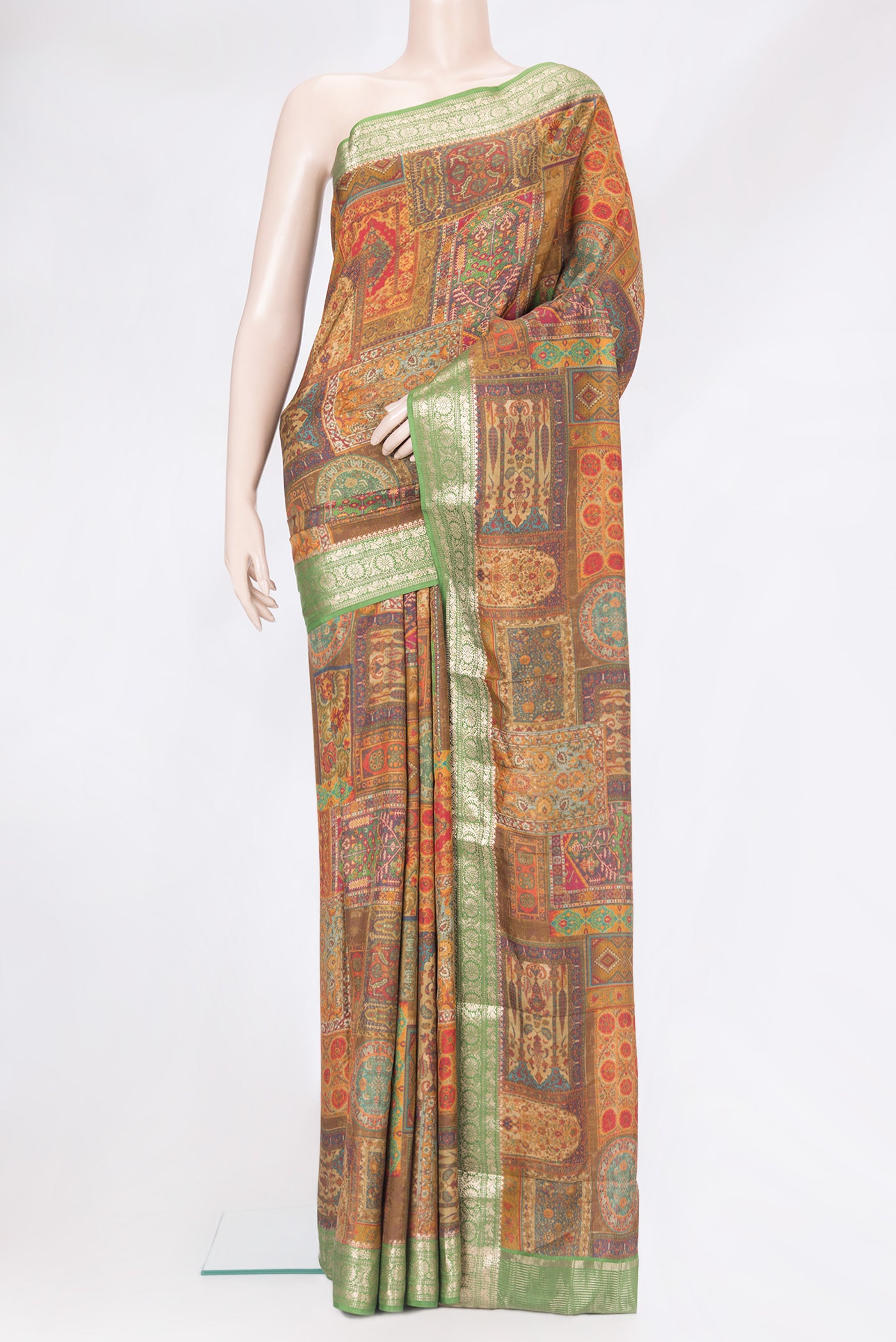 Mustard Dual Tone Kanchipuram Silk Saree with Printed design on the body and Zari Border.  displayed on a mannequin