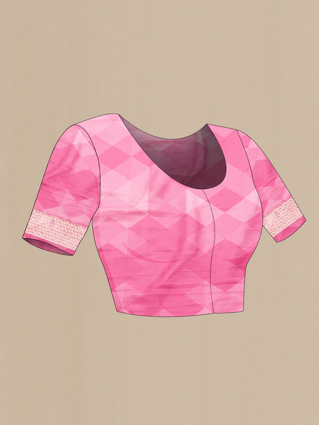 Close up image of the blouse of Pink Dual Tone Mysore Crepe Saree with Stripes on the body and Zari Border. 