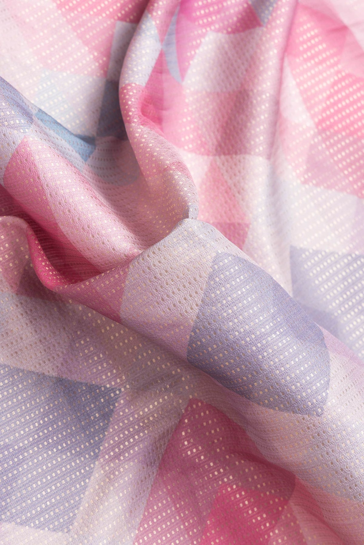 Close up of Pink Dual Tone Mysore Crepe Saree with Stripes on the body and Zari Border.  displaying folds