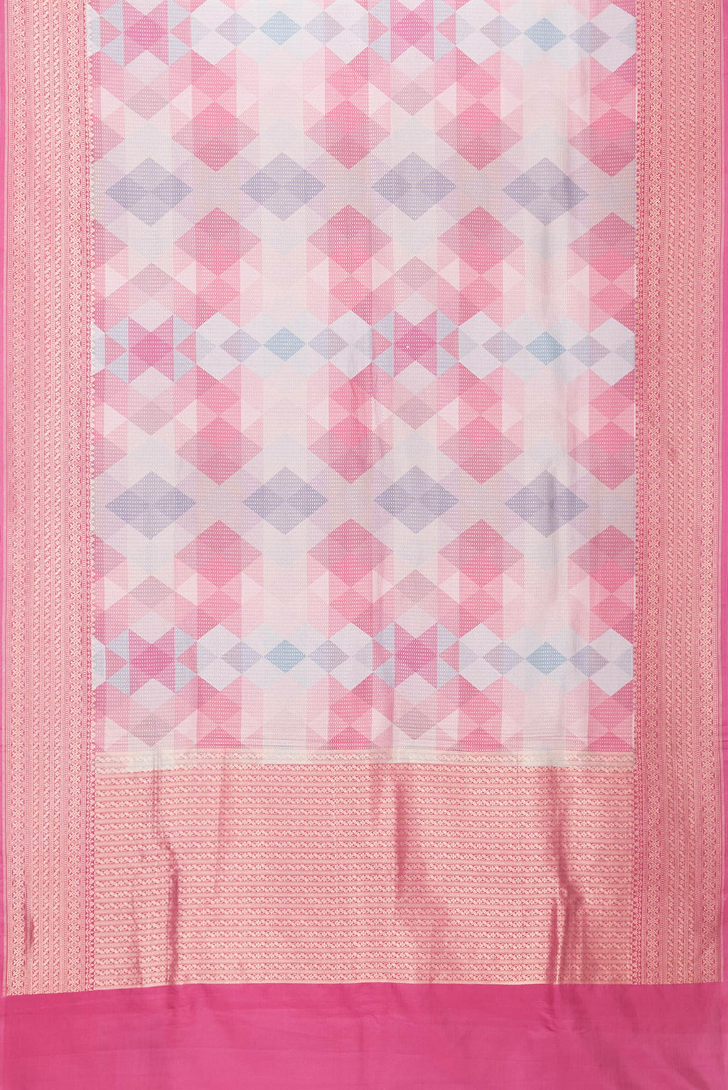 Flat view of Pink Dual Tone Mysore Crepe Saree with Stripes on the body and Zari Border. 