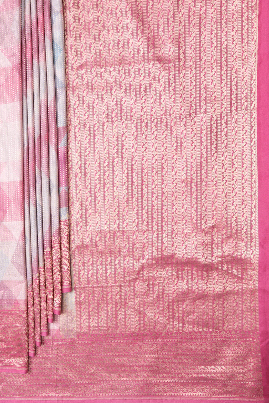 Pleats and pallu of Pink Dual Tone Mysore Crepe Saree with Stripes on the body and Zari Border. 