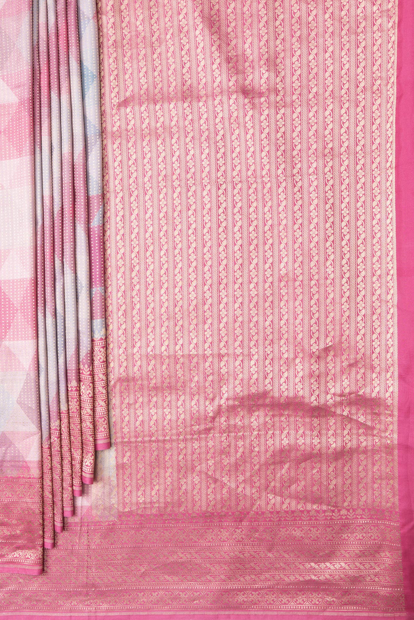 Pleats and pallu of Pink Dual Tone Mysore Crepe Saree with Stripes on the body and Zari Border. 