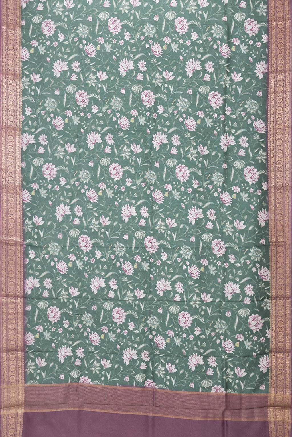 Flat view of Green Dual Tone Tussar Silk Saree with Printed design on the body and Zari Border. 