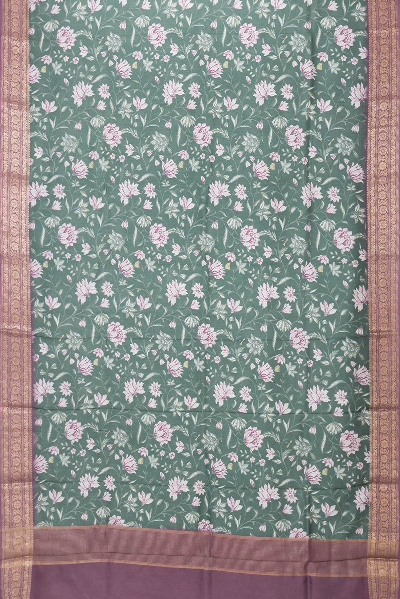 Flat view of Green Dual Tone Tussar Silk Saree with Printed design on the body and Zari Border. 