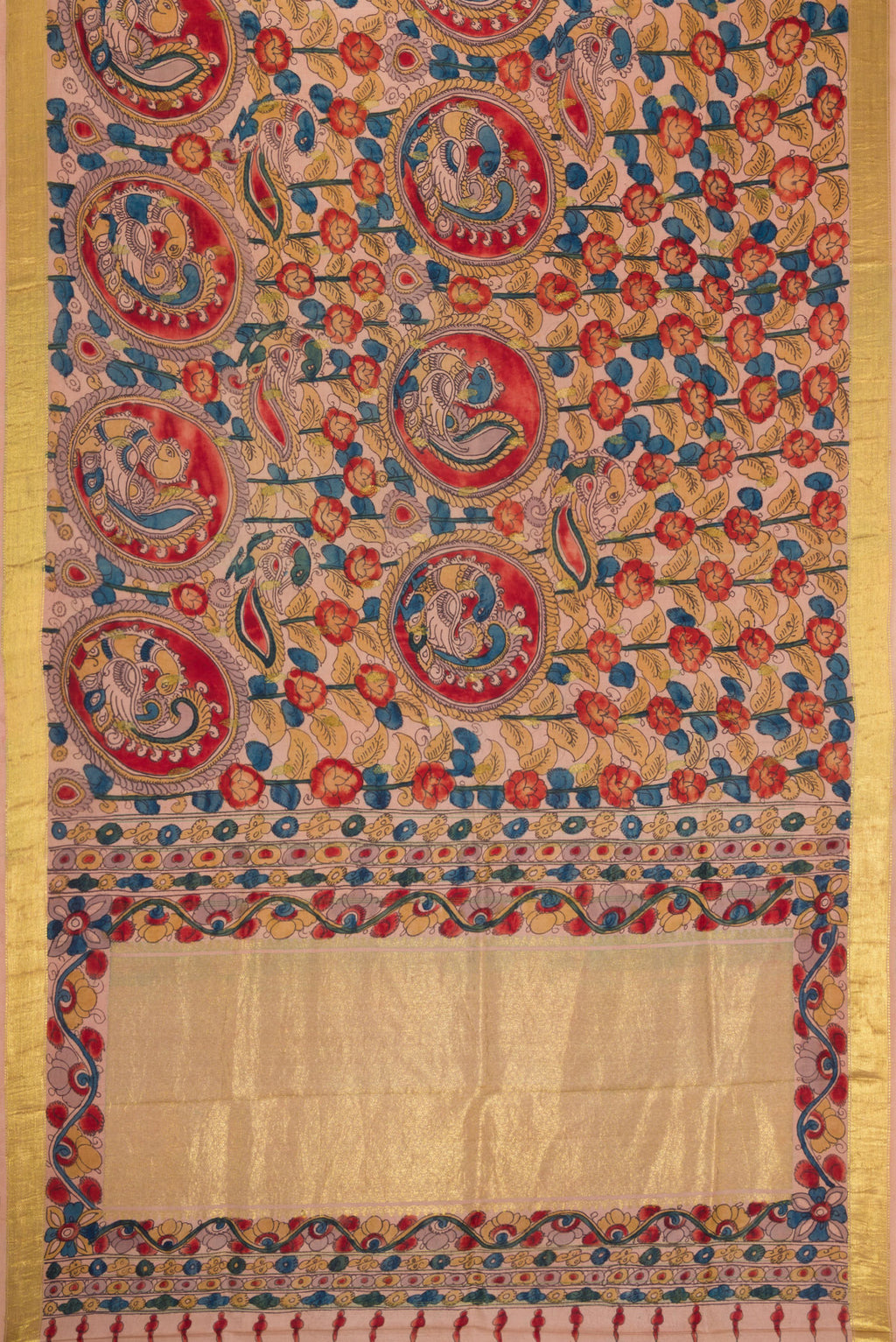 Flat view of Golden Peach Dual Tone Kanchipuram Silk Saree with kalamkari Print on the body and Zari Border. 