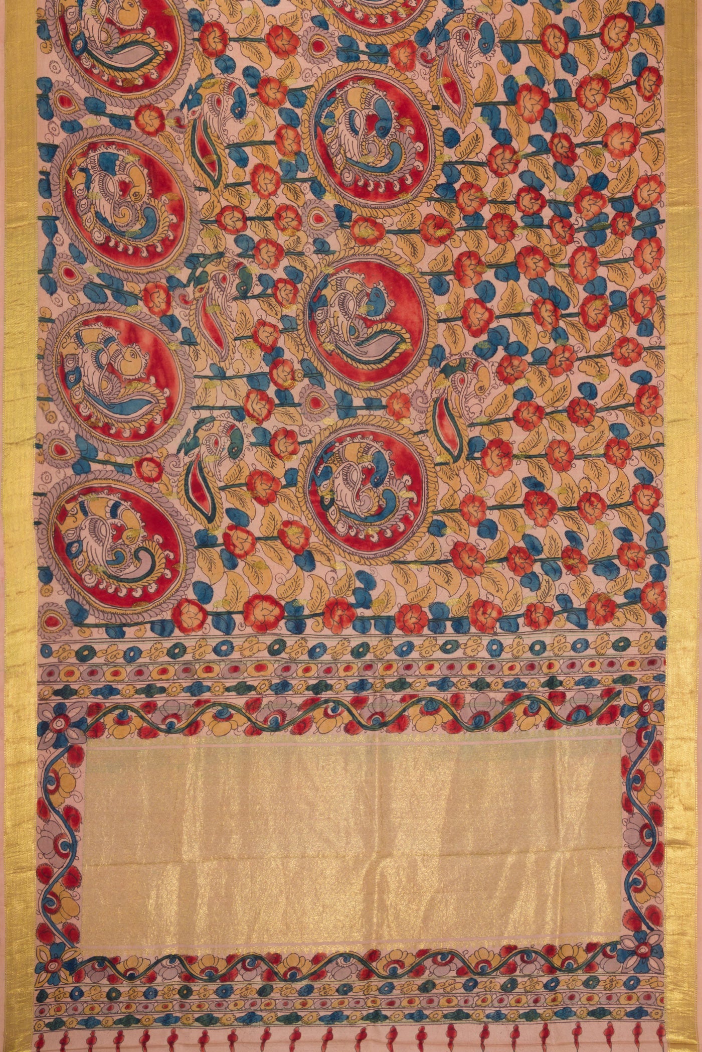 Flat view of Golden Peach Dual Tone Kanchipuram Silk Saree with kalamkari Print on the body and Zari Border. 