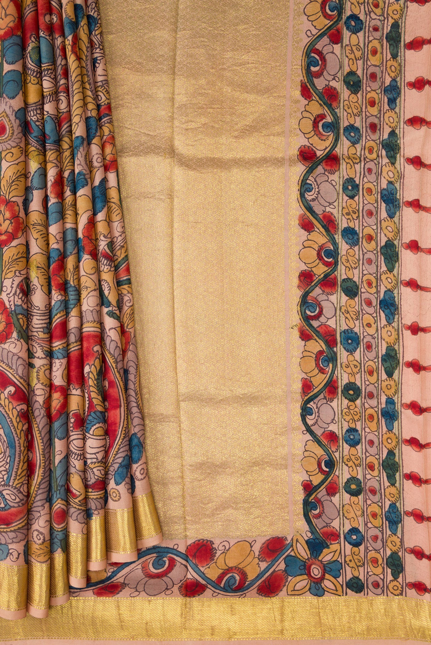 Pleats and pallu of Golden Peach Dual Tone Kanchipuram Silk Saree with kalamkari Print on the body and Zari Border. 