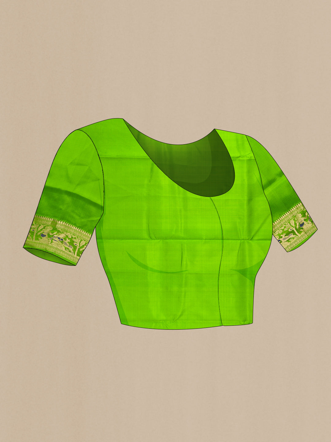 Close up image of the blouse of Parrot Green Dual Tone Baluchari Silk Saree with Zari And Thread Butta on the body and Zari Border. 