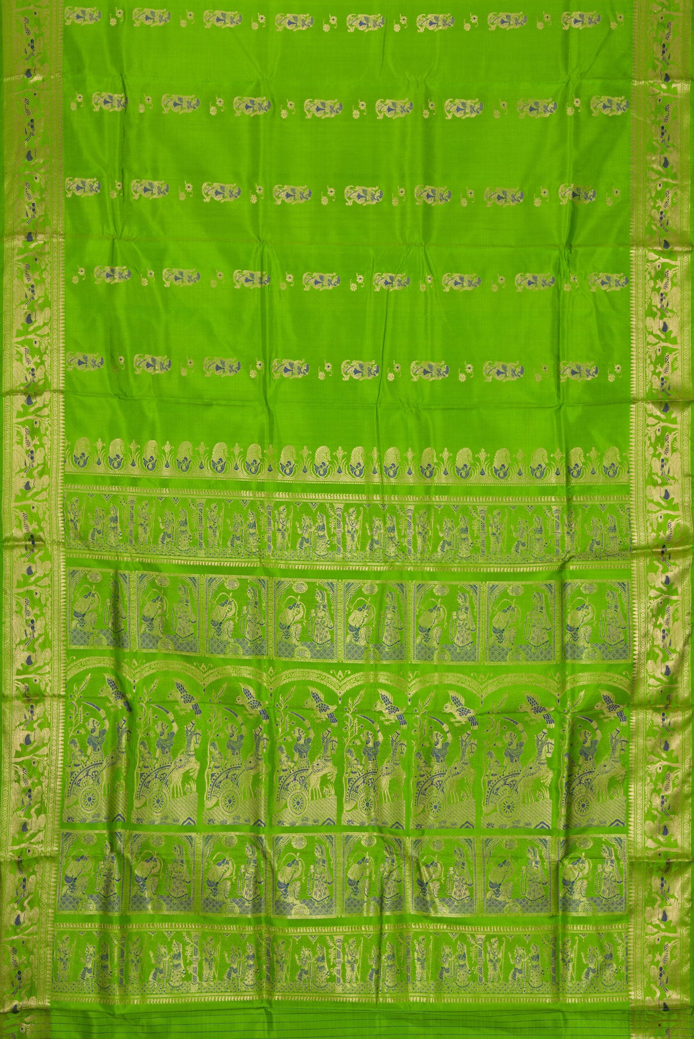 Flat view of Parrot Green Dual Tone Baluchari Silk Saree with Zari And Thread Butta on the body and Zari Border. 