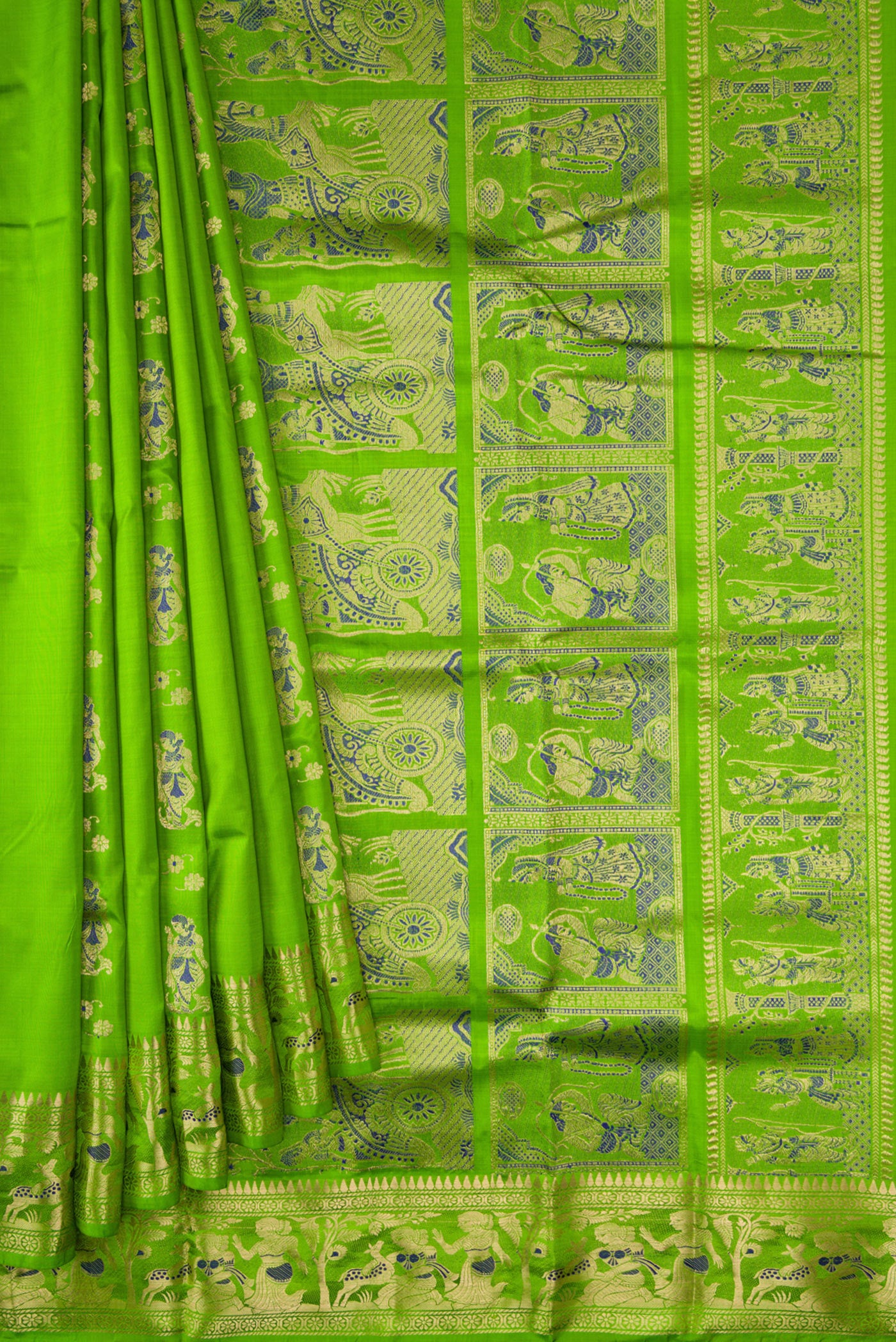 Pleats and pallu of Parrot Green Dual Tone Baluchari Silk Saree with Zari And Thread Butta on the body and Zari Border. 