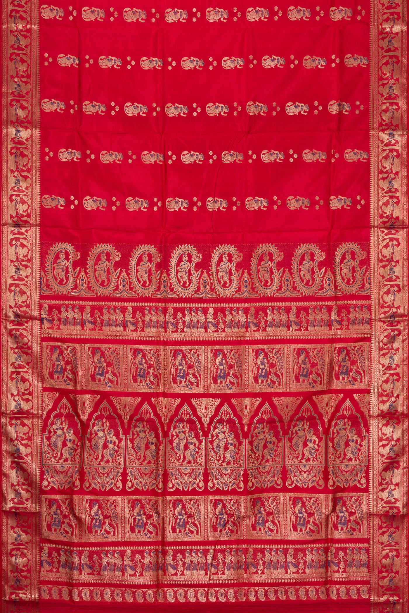 Flat view of Dark Mauve Dual Tone Baluchari Silk Saree with Zari And Thread Butta on the body and Fancy Border. 