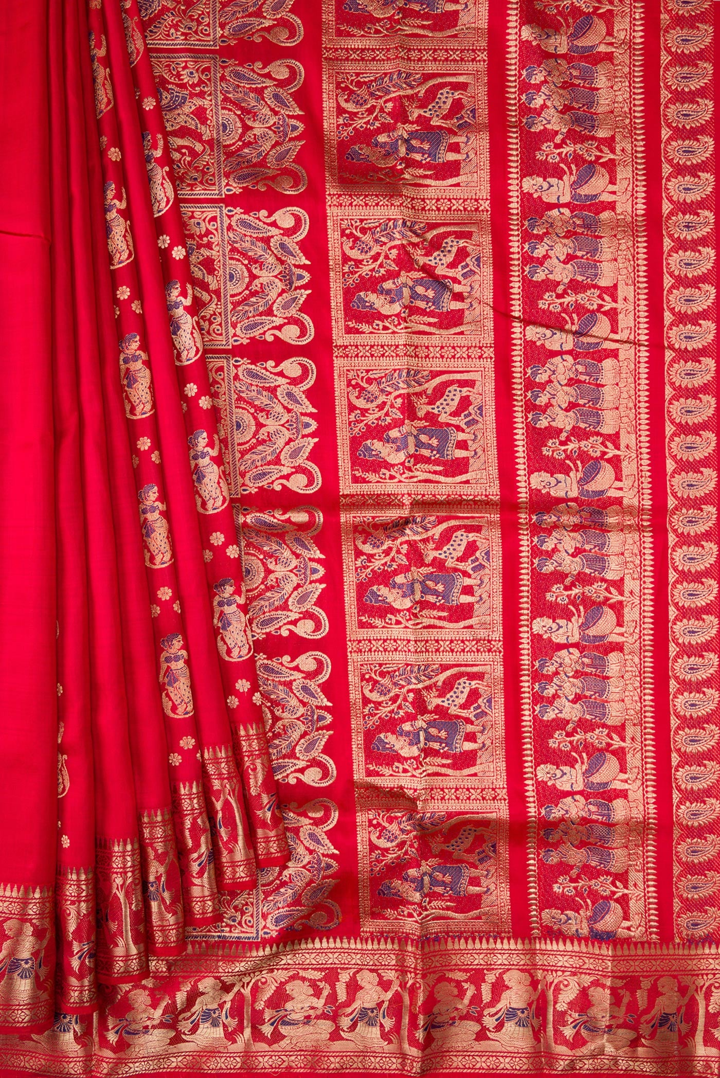 Pleats and pallu of Dark Mauve Dual Tone Baluchari Silk Saree with Zari And Thread Butta on the body and Fancy Border. 