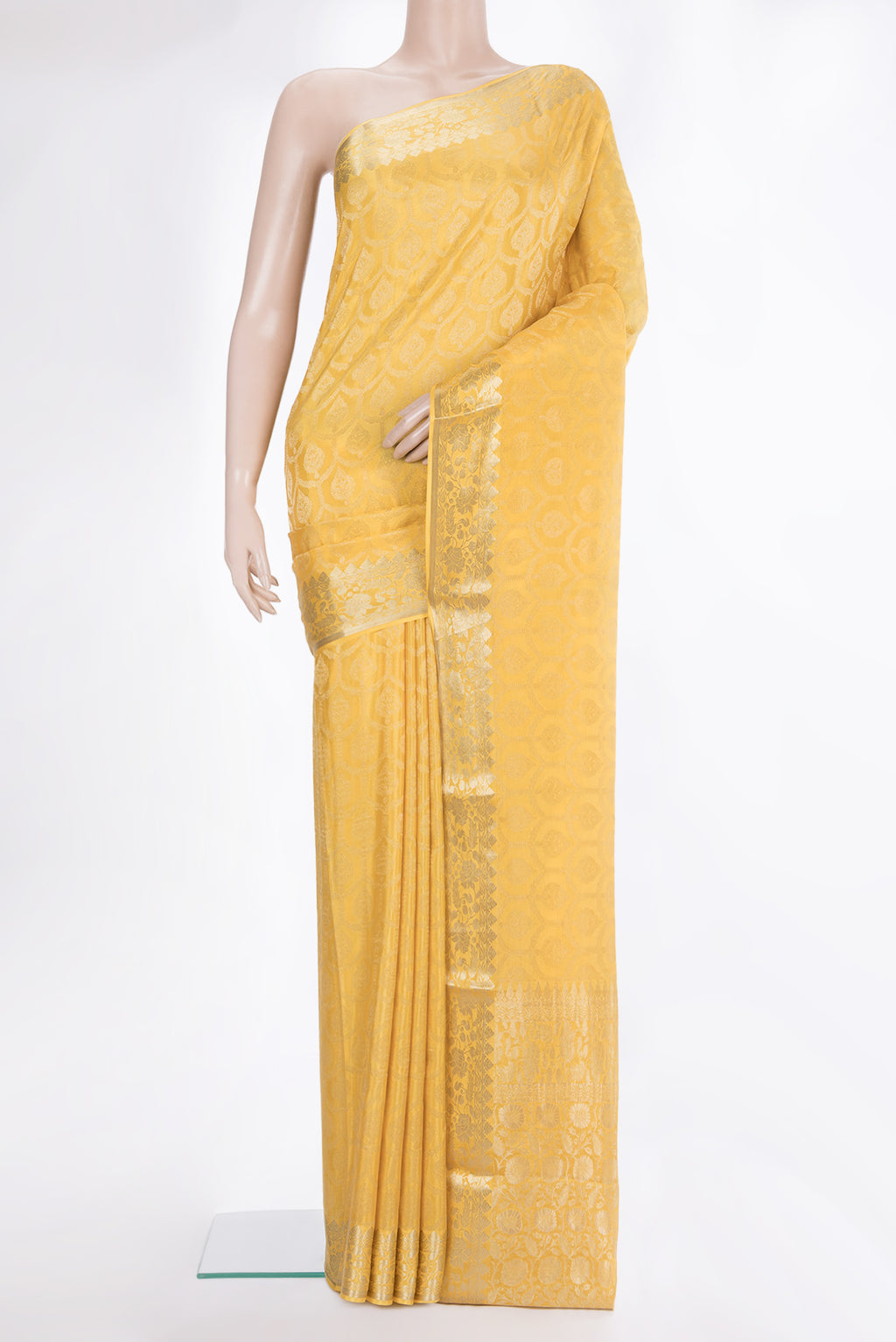 Yellow Dual Tone Georgette Saree with Zari Brocade on the body and Fancy Border.  displayed on a mannequin