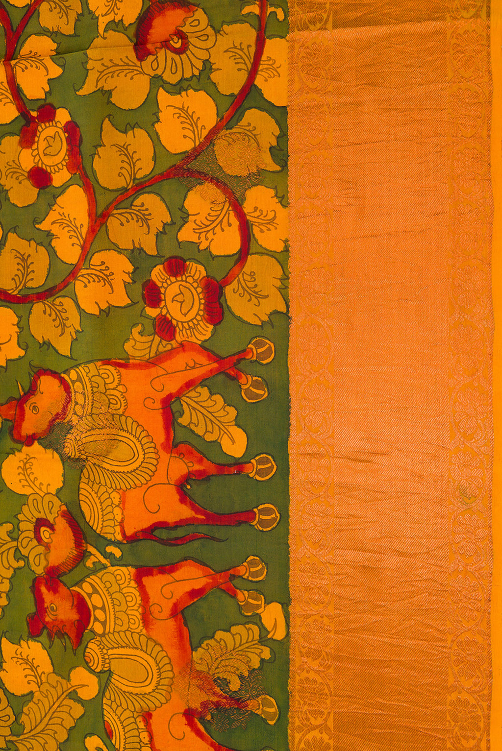 Border image of Green Dual Tone Kanchipuram Silk Saree with kalamkari Print on the body and Zari Border. 