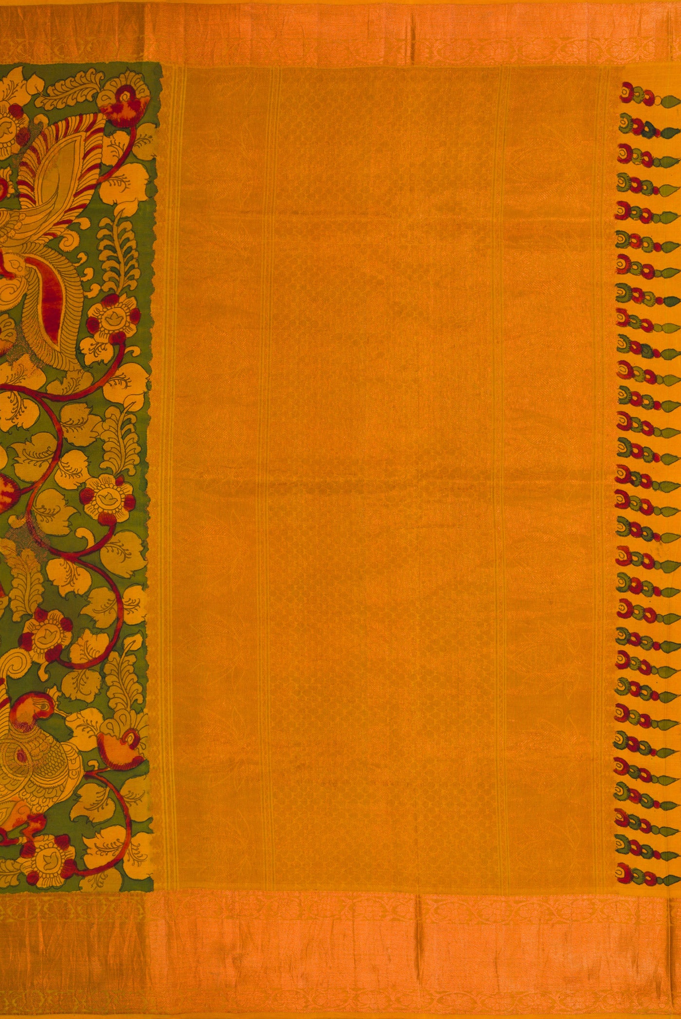 Close up image of the pallu of Green Dual Tone Kanchipuram Silk Saree with kalamkari Print on the body and Zari Border. 