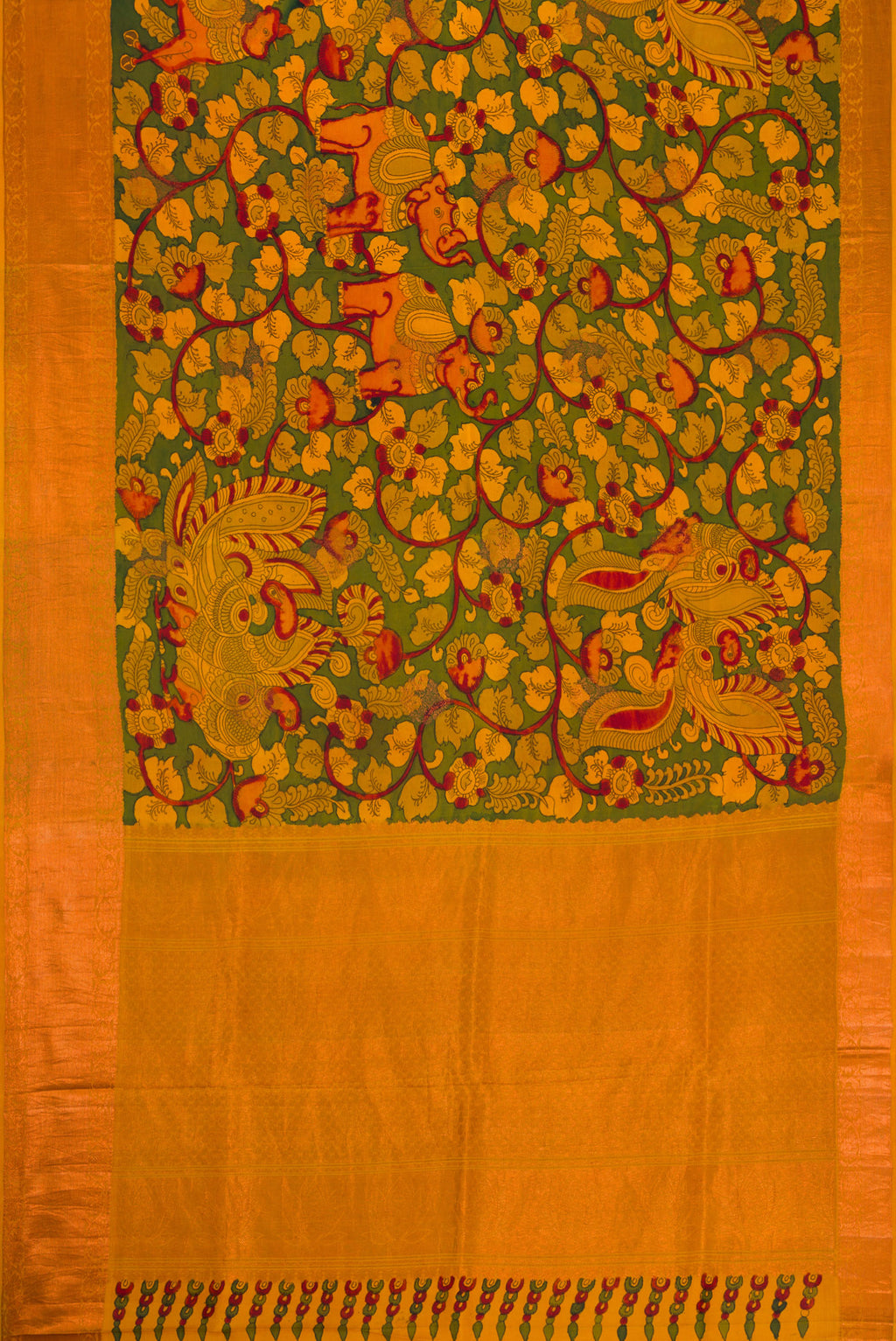 Flat view of Green Dual Tone Kanchipuram Silk Saree with kalamkari Print on the body and Zari Border. 