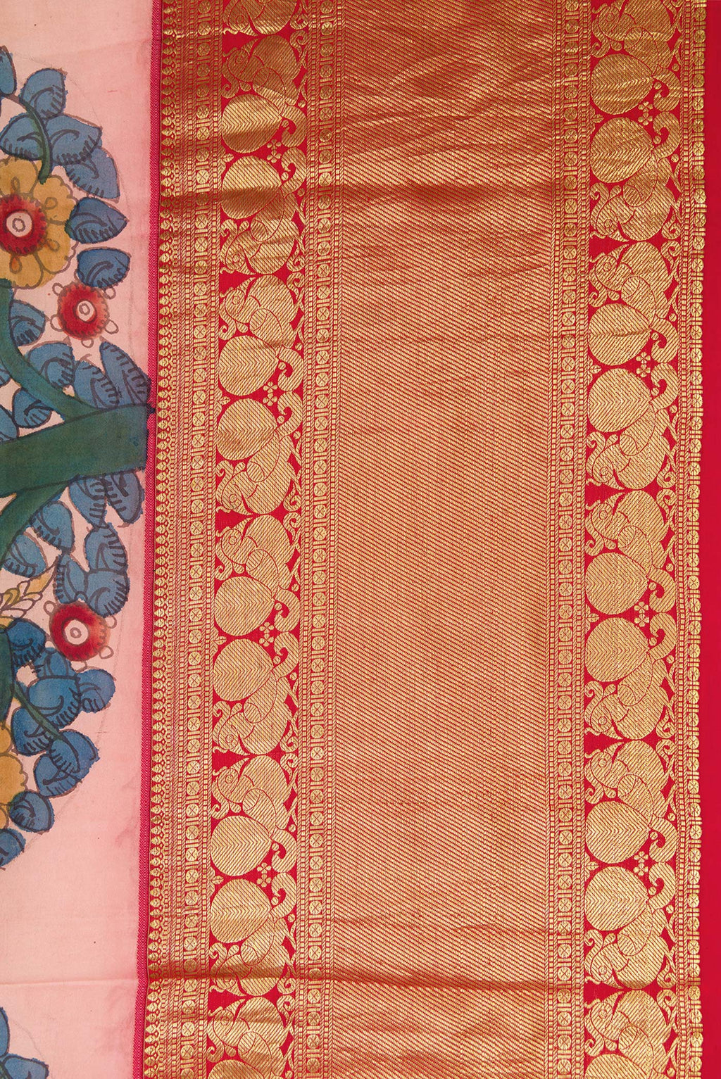 Border image of Golden Peach Dual Tone Kanchipuram Silk Saree with kalamkari Print on the body and Zari Border. 