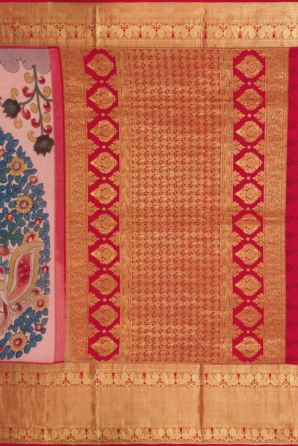 Close up image of the pallu of Golden Peach Dual Tone Kanchipuram Silk Saree with kalamkari Print on the body and Zari Border. 